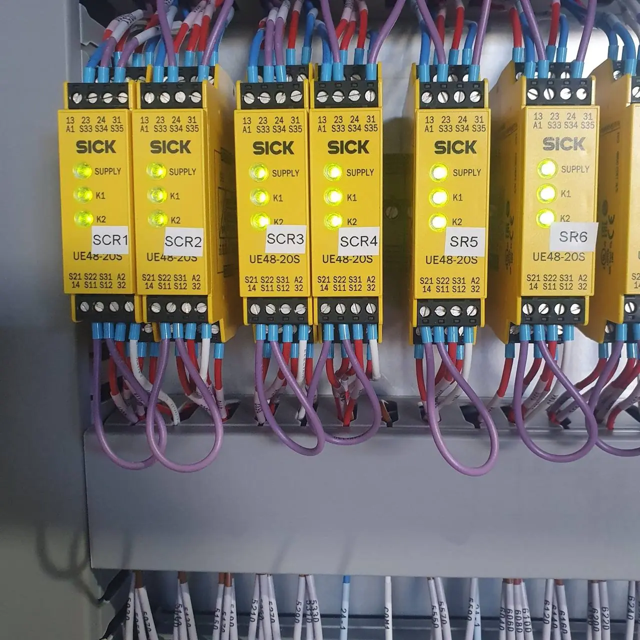 Row of safety relays wired in a control panel
